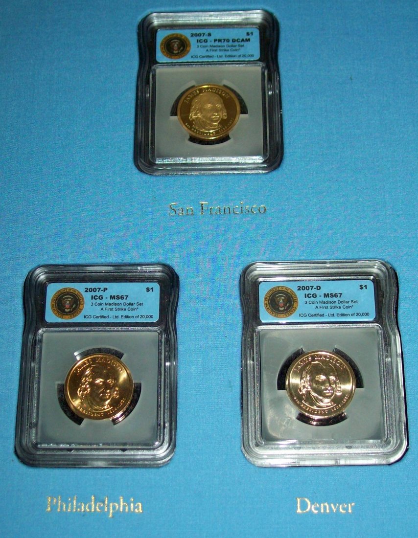 Set of (3) James Madison Presidential Dollars PF70 MS67: Contained in Presentation Folder With Picture and Biography