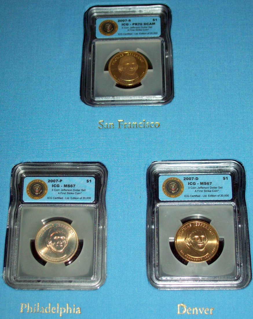 Set of (3) Thomas Jefferson Presidential Dollars PF70: Contained in Presentation Folder With Picture and Biography