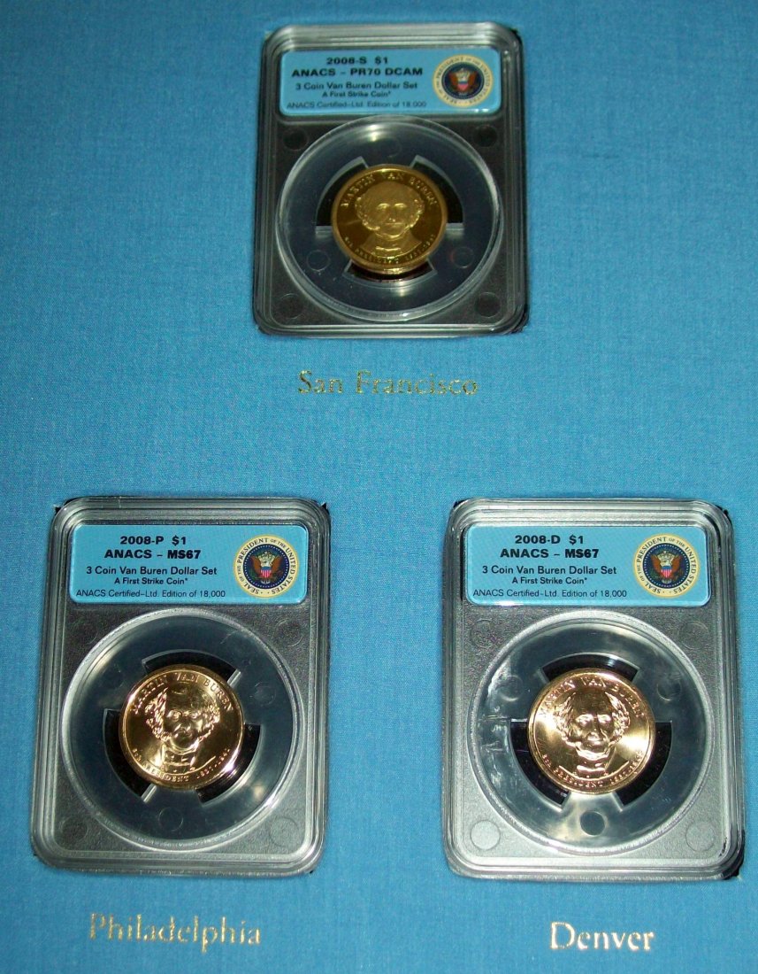 Set of (3) Martin Van Buren Presidential Dollars PF70: Contained in Presentation Folder With Picture and Biography