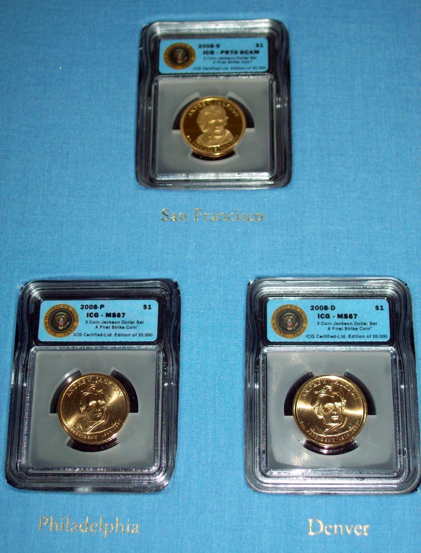 Set of (3) Andrew Johnson Presidential Dollars PF70: Contained in Presentation Folder With Picture and Biography