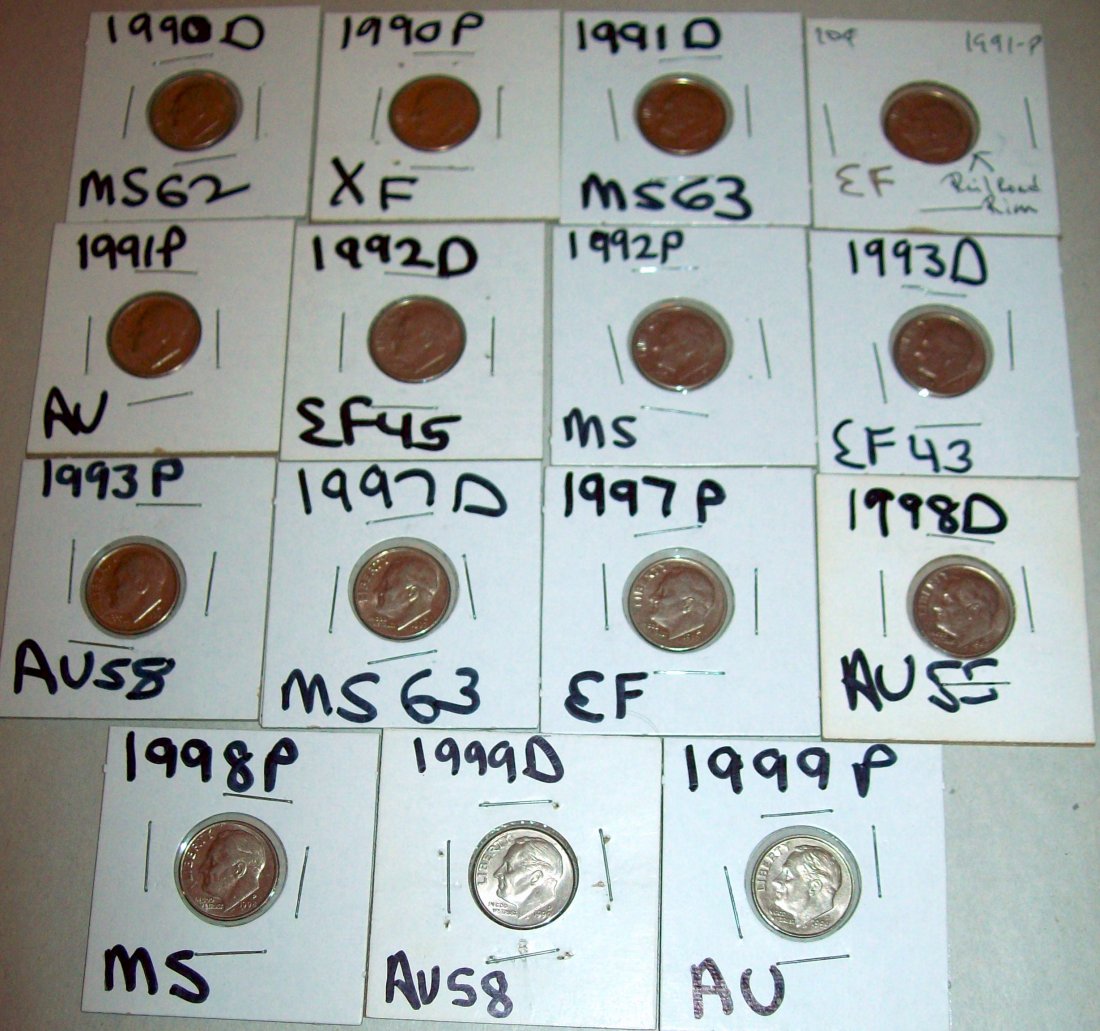 Lot of (15) Roosevelt Dimes 1991-99 XF/MS 63 (1 of 5)