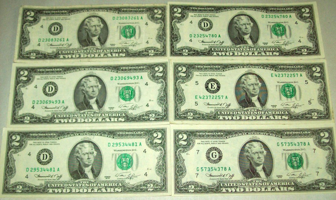 Lot of (6) 1976 $2 Two Dollar Bills F/VF (1 of 4)