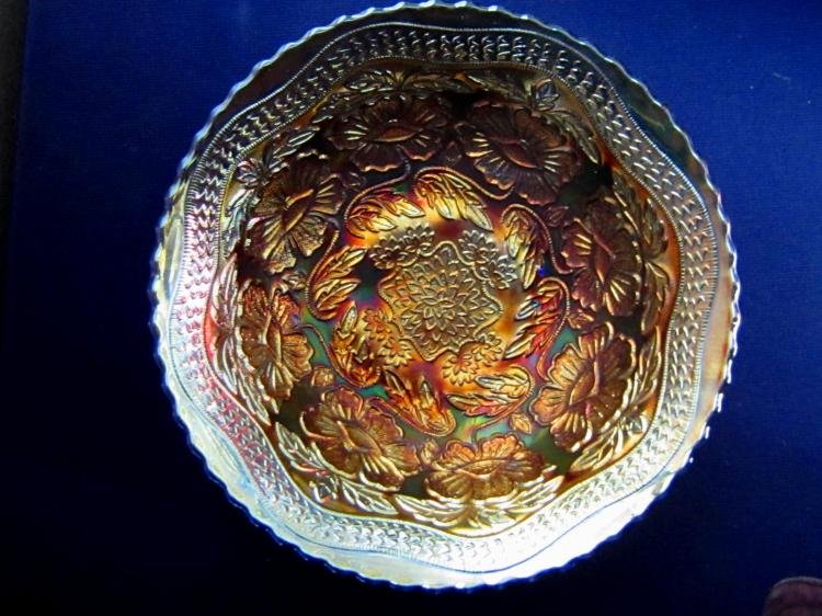 Fenton TWO FLOWERS Blue Spatula Footed Round Bowl (1 of 1)