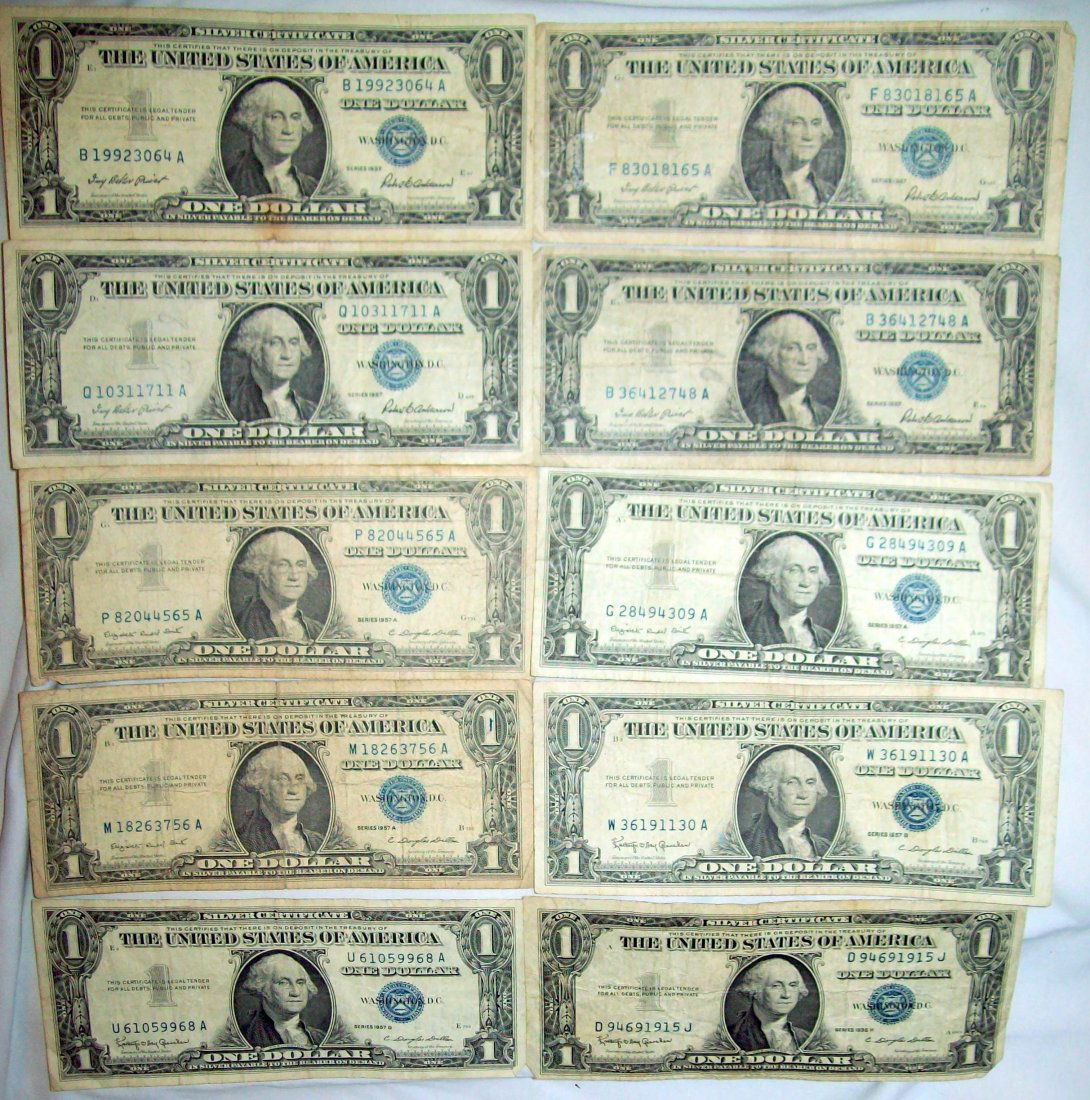 Lot of (10) 1957 $1 Silver Certificates Blue Seal (1 of 6)