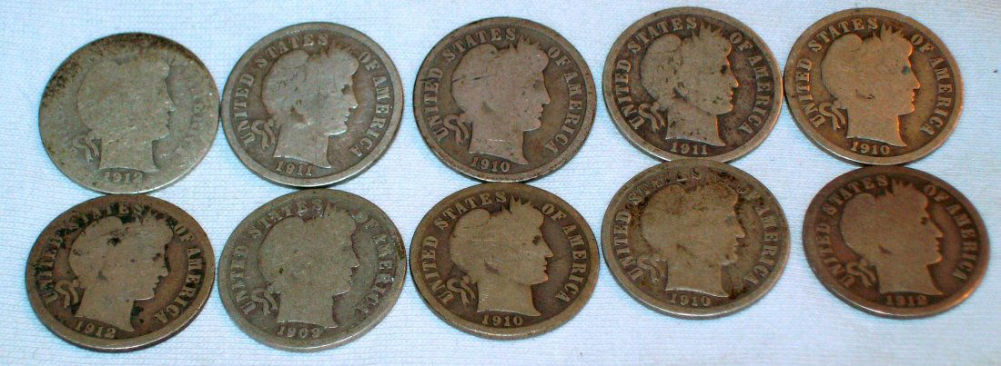 Lot of (10) Barber Dimes 1909-1912 (1 of 3)