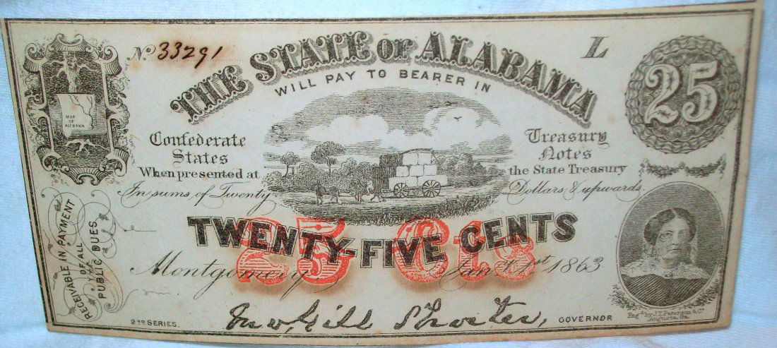 1863 Alabama Confederate Civil War $.25 Note. (1 of 5)