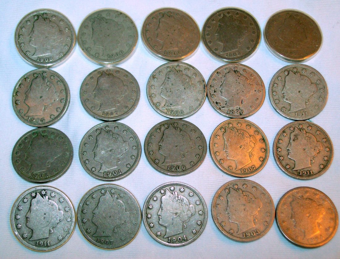 Lot of (20) V Nickels 1894-1911: Lot of (20) V Nickels 1894-1911