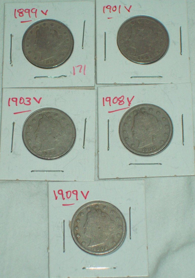 Lot of (5) V Nickels 1899-1909 (1 of 4)