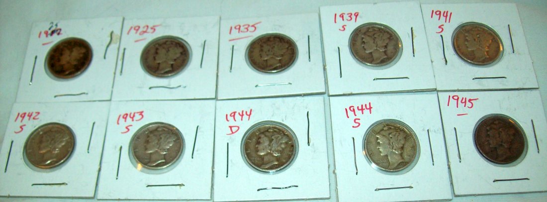 Lot of (10) Mercury Silver Dimes 1925-1945 (1 of 3)