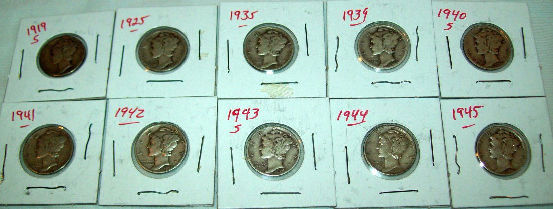 Lot of (10) Mercury Silver Dimes 1919 S-1945 (1 of 3)
