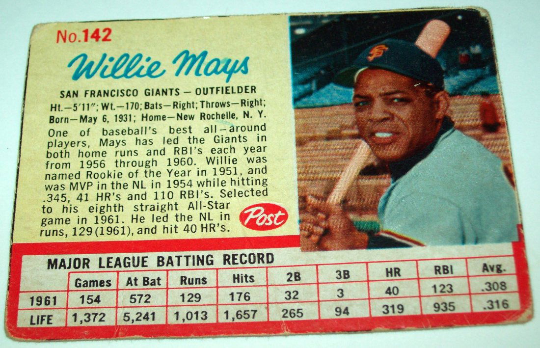 1962 Post Willie Mays #142 Baseball Card (1 of 2)