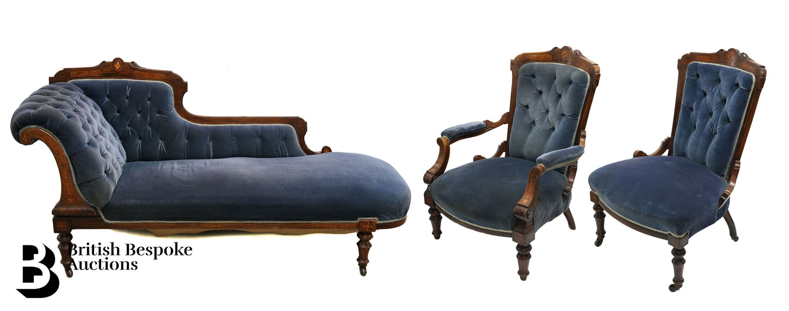 Victorian Sitting Room Suite: Victorian three piece button back drawing room suite, with decorative inlay to the frames, comprising chaise long approx 190 cms in length x 70 x 92 cms; together with an elbow chair 95 h x 70 w cms a