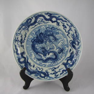 Chinese Ming Dynasty BW Charger: Chinese Ming Dynasty BW Charger, Da Ming Cheng Hua Nian ZhiD 31cmProvenance: Property from a Private Toronto Collection眀成化青花龙纹盘