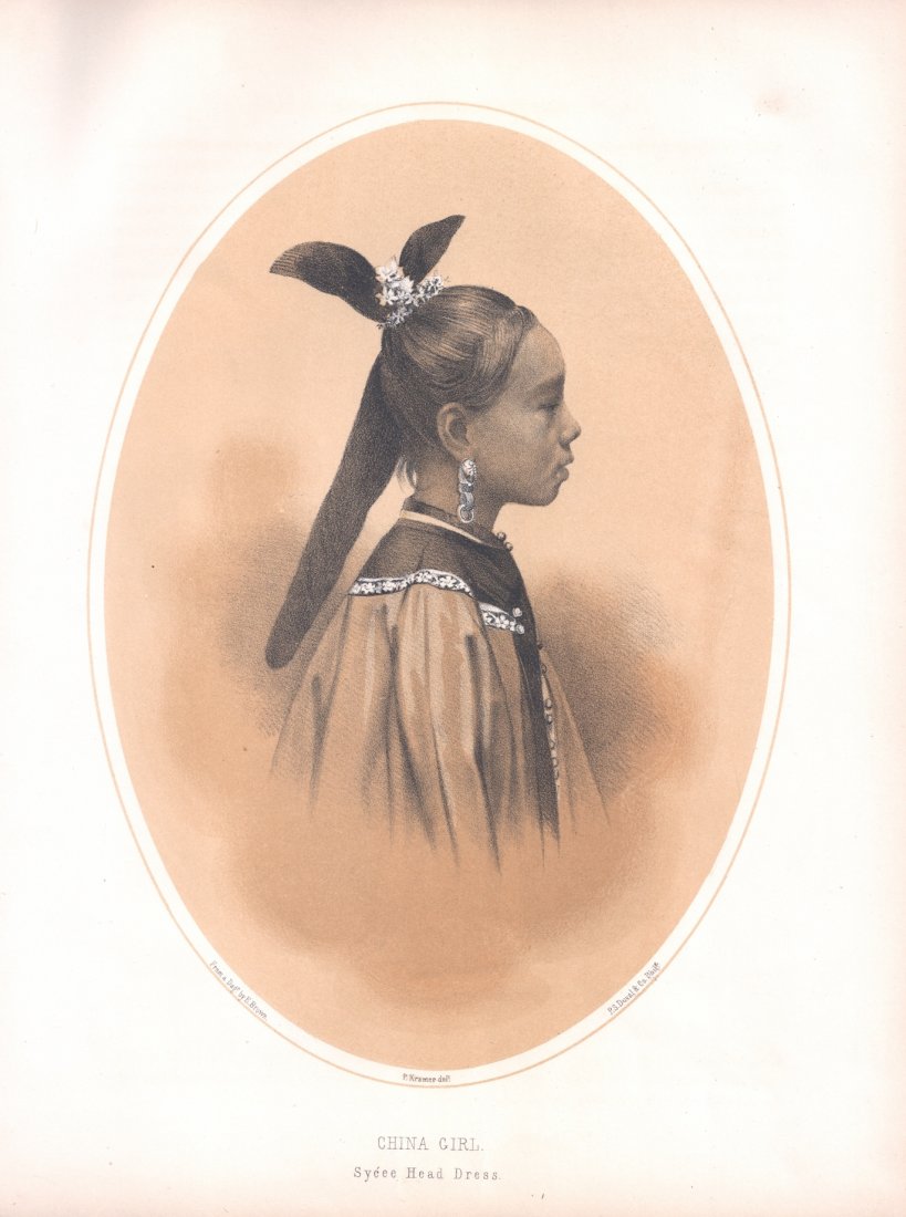 A Chinese Girl: 21.5 x 29cm Title, China Girl Sycée Head Dress From a Dage by E. Brown, Brown, Eliphalet M., photographer P.S. Duval & Co. Phila. Peter Stephen Duval, the most prominent Philadelphia lithographer of 