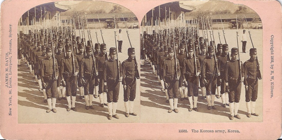 VERY RARE KOREA ARMY PHOTO: An antique and very rare gelatin silver print.Numbered 15382. The Korean army, Korea. Copyright 1903, by B.W. Kilburn. JAMES M. DAVIS, New York, St. Louis, Liverpool, Toronto, Sydney. Photographed and