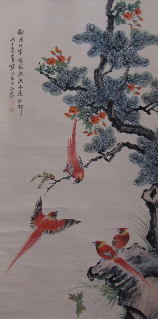 A Chinese Birds Painting: A Chinese scroll ink and watercolor on paper by Jiang Hanting, featuring birds and flowers. Dated 1948.Height 127 cm. Width 63 cm.