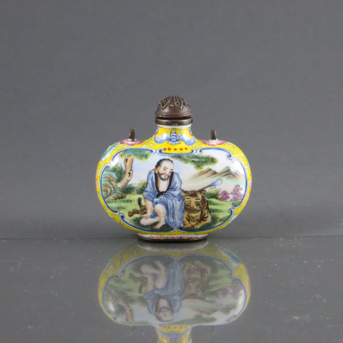 Chinese Qing Dynasty Enamel/Cloisonne Snuff Bottle: Chinese Qing Dynasty Enamel/Cloisonne Snuff Bottle, featuring a man riding a dragon and tiger motif Provenance: from Mr. Paul Stern collection, Toronto. Acquired from J. M. HU