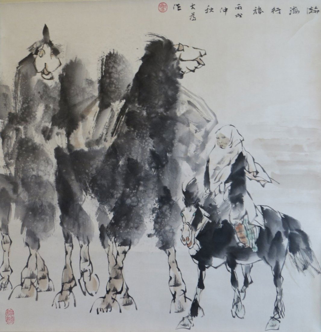 Chinese Watercolor on Paper, Liu Dawei: 刘大为，瀚海行旅图，纸本立轴 Chinese Watercolor on Paper, hanging school, featuring a lady with camels,signed and in