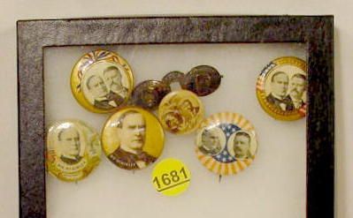 7 Political Pin Back Buttons: 7 political pin back buttons: 4 McKinley Roosevelt jugates (3) 1 1/4"; 1 7/8" 2 McKinley pins (1 1/4"_; Roosevelt & Fairbanks 1904 brass eyeglass pin (no pin) 2" L.