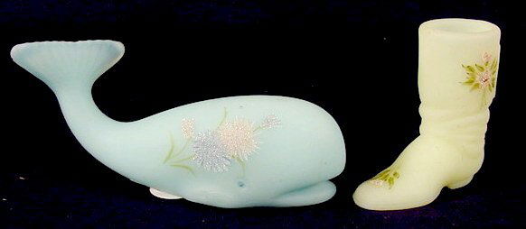 2 Fenton Glass Items NR: 2 Fenton glass items: 1) Custard satinized miniature boot; base marked "hand painted by Debbie Wear" (Uncertain last name spelling) (No condition problems.) 2 3/8" T 2) blue satin whale, hand painted