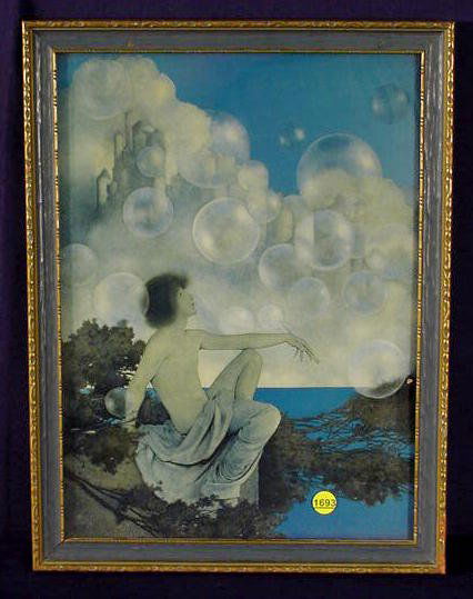 Maxfield Parrish Air Castles Framed Print NR: Maxfield Parrish "Air Castles" framed print; labeled by owner as original frame. (No print condition problems; minor wear & losses to frame. Not removed for examination. 16" T x 12" W plus frame.
