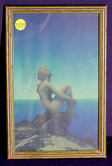 Maxfield Parrish Stars Print NR: Maxfield Parrish "Stars" print; House of Art, NY. (Minor wear & losses to frame. Not removed for examination.) 10 3/4" T x 7" W.Frame is original with cut and pasted title and artist tag of heavier pa