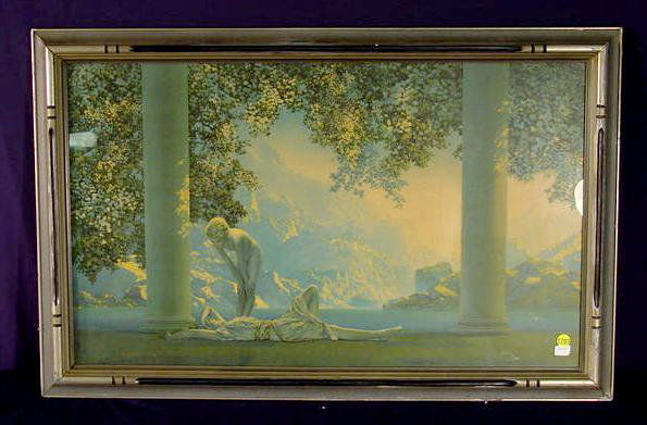 Large Maxfield Parrish Daybreak Framed Print NR: Large Maxfield Parrish "Daybreak" print in original frame; House of Art. (Some foxing and a little fading; frame with minor wear, losses and touchups. Not removed for examination.) 21 3/4" T x 33 3/4"