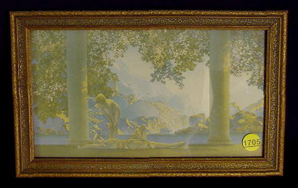 Maxfield Parrish Daybreak Print NR: Maxfield Parrish "Daybreak" print in original frame; Reinthal & Newman. (Appears faded; minor wear to frame. Not removed for examination.) 7" T x 11 1/4" W. Title and artist tag of heavier paper appli