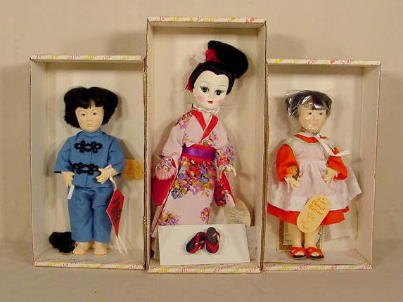 3 Effanbee Oriental Dolls NR: 3 Effanbee Oriental dolls No. 1540 Geisha 14" T No. 7501 Orange Blossom 12" No. 7511 Little Tiger. 12" (All original boxes are in as is and some rough condition.)