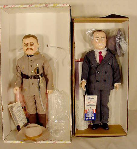 2 Effanbee Roosevelt FDR Dolls NR: 2 Effanbee Roosevelts No. 7903 Theodore Roosevelt. No. 7904 Franklin Delano Roosevelt (All original boxes are in as is and some rough condition.) 16" in boxes.