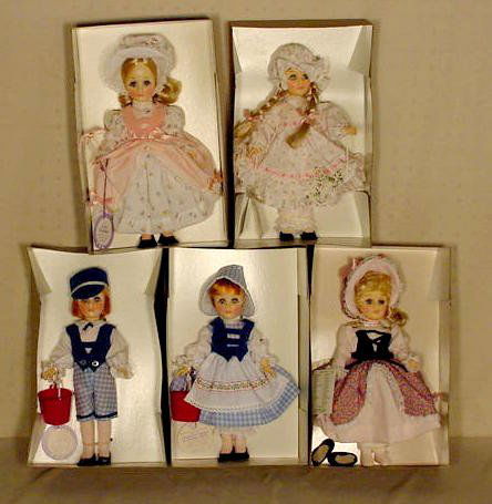 5 Effanbee Mary Little Lamb, Bo Peep, Jack & Jill: 5 Effanbee Storybook dolls in boxes; No. 1196 Mary had a Little Lamb; No. 1177 Bo Peep (s); No. 1187 Jill; No. 1186 Jack. (All original boxes are in as is and some rough condition.) 11"