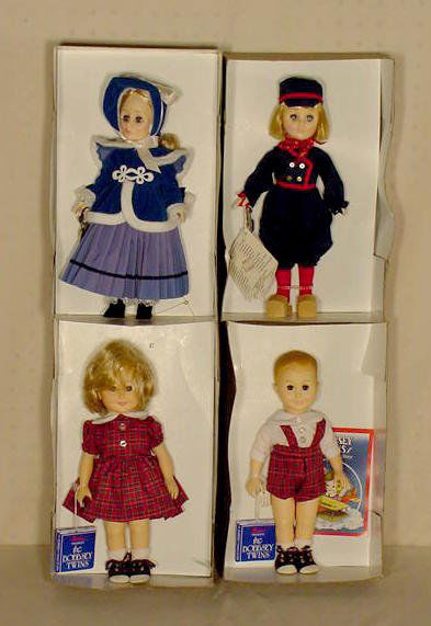Effanbee Ice Skater, Freddie & Flossie Dolls NR: 4 Effanbee No. 1252 Ice Skater Girl; No. 1172 Hans Brinker; No. 1201 Freddie; No. 1202 Flossie. (All original boxes are in as is and some rough condition.) 11"