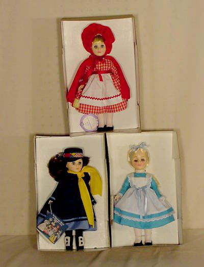 Effanbee Mary Poppins, Red Riding Hood Dolls NR: Effanbee Storybook dolls; No. 1198 Mary Poppins; No. 1175 Alice in Wonderland; No. 1178 Red Riding Hood. (All original boxes are in as is and some rough condition.) 11"
