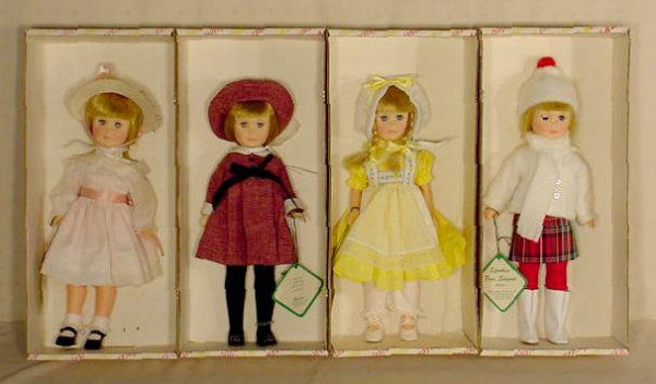 Effanbee Four Seasons Dolls NR: 4 Effanbee Four Seasons: No. 3531 Spring; No. 3532 Summer; No. 3533 Fall; No. 3534 Winter. (All original boxes are in as is and some rough condition.) 14"