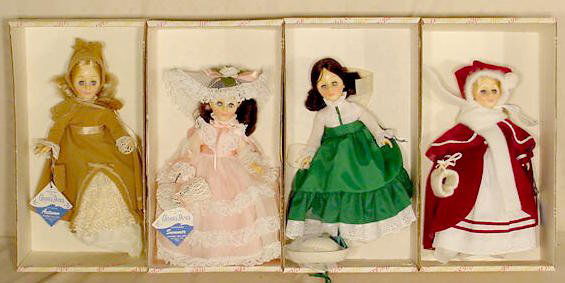 Effanbee 4 Seasons Dolls NR: 4 Effanbee Seasons; No. 1231 Spring; No. 1232 Summer; No. 1233 Autumn; No. 1234 Winter. (All original boxes are in as is and some rough condition.) 13"
