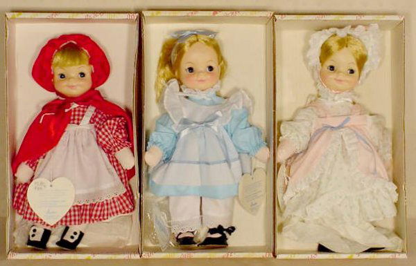 Effanbee Alice, Red Riding Hood, Bo Peep NR: 3 Effanbee Huggable; No. 6378 Red Riding Hood; No. 6375 Alice in Wonderland; No. 6377 Bo Peep. (All original boxes are in as is and some rough condition.) 14"