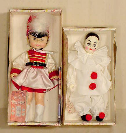 Effanbee Pierrot & Hattie Holiday Dolls NR: 2 Effanbee dolls. No. 4545 Pierrot; No. 1662 Hattie Holiday, July 4. (All original boxes are in as is and some rough condition.) 16"