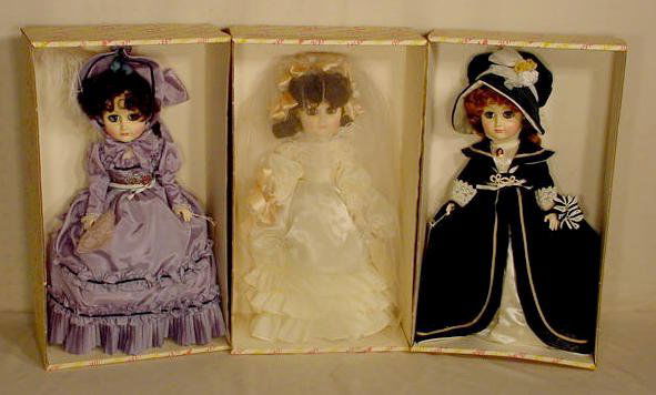 Effanbee Westminster, Victoria Station Dolls NR: 3 Age of Elegance Effanbee; No. 7853 Westminster; No. 7852 Cathedral Victoria Station; No. 7854. (All original boxes are in as is and some rough condition.) 18"