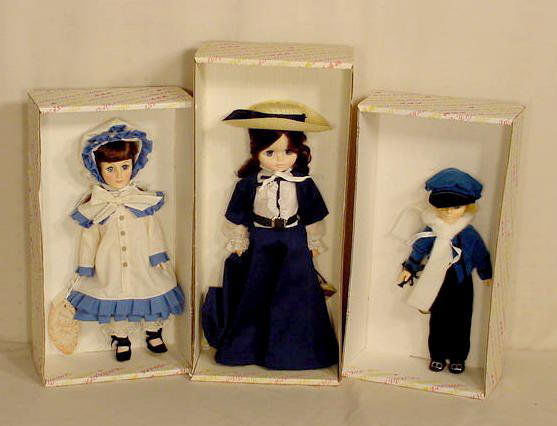 Effanbee Absolutely Abigail, Currier & Ives NR: 3 Effanbee; No. 3313 Absolutely Abigail; No. 8165 Gibson Girl; No. 1252 Currier & Ives. (All original boxes are in as is and some rough condition.) 11" X 12"