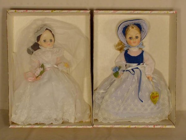 Effanbee Bride & Brides Maid Dolls NR: 2 Effanbee dolls; No. 1587 Brunette Bride; No. 1511 Blonde Brides Maid. (All original boxes are in as is and some rough condition.) 15"
