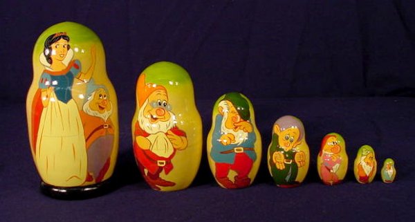 2 Sets of Snow White Russian Nesting Dolls NR: 2 Sets of Snow White Nesting Russian wooden dolls. (One set of 7, One set of 5) 7 1/2" ; 5 1/2" T