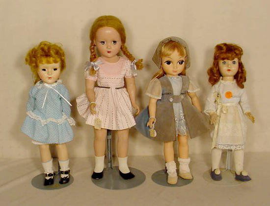Amer. Char., Vogue, R & B & Effanbee Dolls: 4 Hard plastic dolls: American Character, 14" T; 1965 Vogue 15" T; 1954 R & B, 17" T and Effanbee walker, 14" T (No boxes.)
