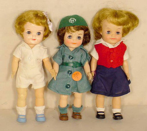 Effanbee Girl Scout, Campfire & Fluffy Dolls NR: 3 Effanbee 1965 Girl Scout, Campfire Girl Fluffy dolls; no boxes 8"