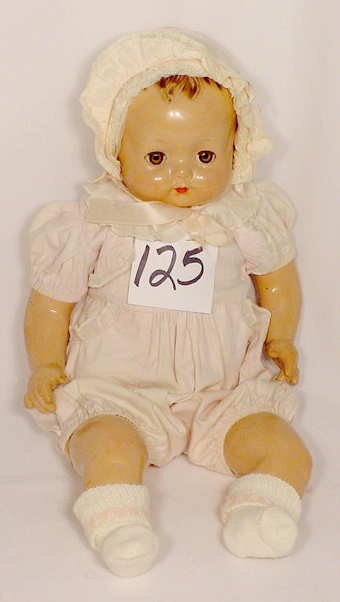 Effanbee Composition & Cloth Baby Doll: Effanbee compo & cloth baby, sleep eyes, 18 1/2" T., (damage to compo hands & feet, all over crazing, touch ups - AS IS)