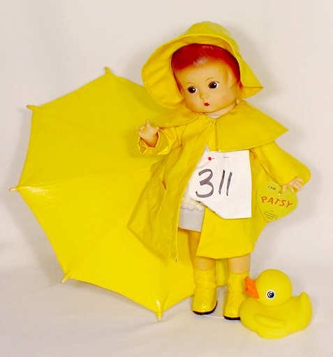 Effanbee Plastic Musical Doll "Patsy": Effanbee all plastic musical doll, "Patsy" "Singing in the Rain", gear w/ rubber duck, 13" T.