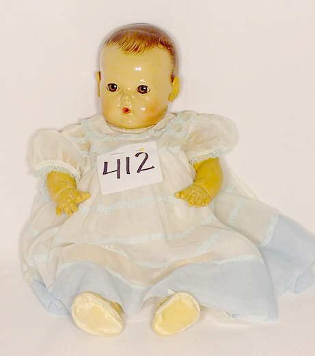 Effanbee Hared Plastic Doll "DyDee Baby": Effanbee hard plastic doll, "DyDee Baby" rubber, sleep eyes & applied ears, open mouth, 19 1/2" T., (some damage to right arm, paint rub & damage)