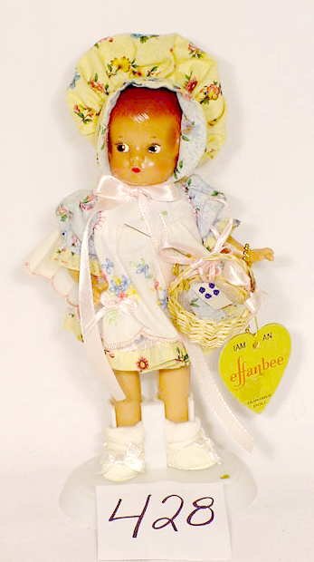 Effanbee Plastic Doll "Sun Bonnet Sue": Effanbee all plastic doll, "Sun Bonnet Sue", V5203, Patsyette, 9" T., w/ certificate, wrist tags, & box (boxes are in AS IS condition)