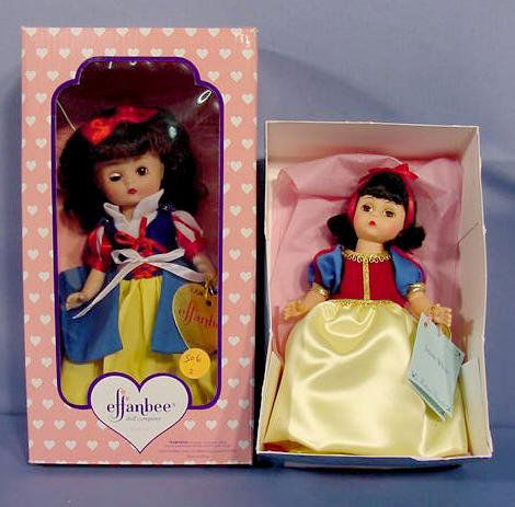 Madame Alexander & Effanbee Snow White Dolls NR: Group of 2 Snow White Dolls: 1st. Madame Alexander Snow White #13800; mint in original box with original tags & papers. 8" T 2nd. Effanbee Doll Co. Snow White; mint in original box. Box 10 1/2" T