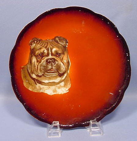 Taylor Smith Pottery Bull Dog Plate NR: Taylor Smith Pottery Bull Dog Plate: by Taylor Smith and by Taylor of Chester, West Virginia. Marked in green. (Scattered light glaze loss.) 9 1/4" T