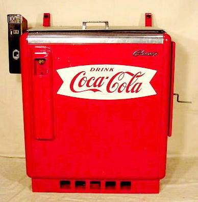 Glasco GBV-50 Coke Bottle Vending Machine NR: Glasco GBV-50 Coke Bottle Vending Machine. Model A30000, serial No. 19822. Lift lid, side load, 10Cent, all original. (Scattered paint chips and discoloration on the lid. Runs and cools.) 47" T x 36 1